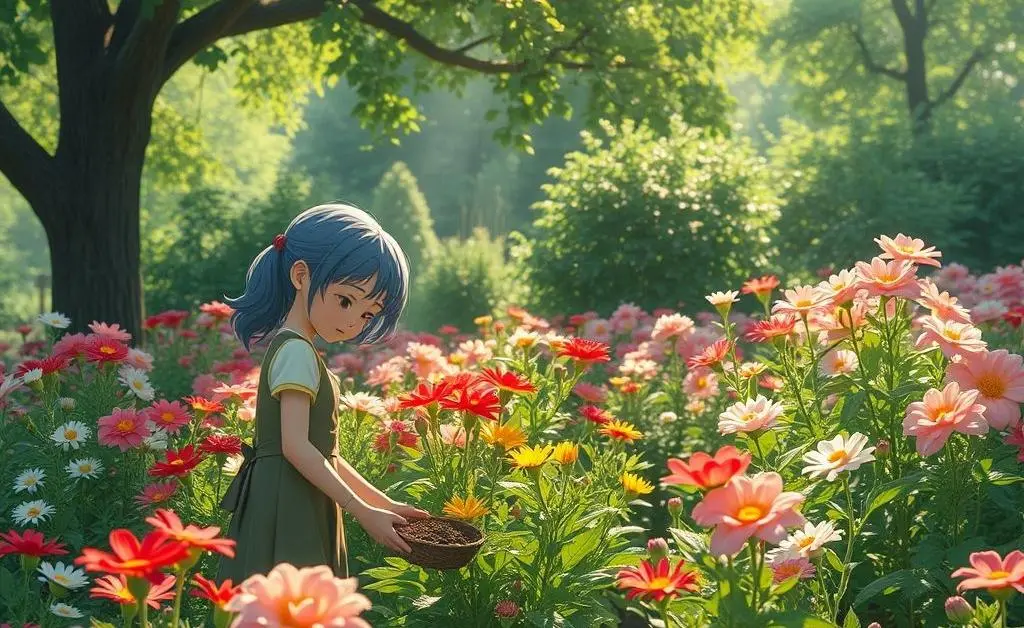 A character gardening peacefully, surrounded by blooming flowers.