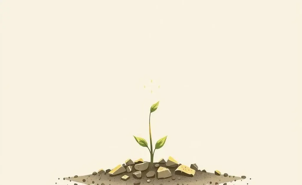 A small plant growing out of rocky soil, reaching toward the sunlight.