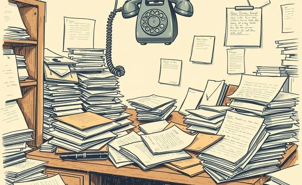 Illustration of Geico founders' cluttered office desk