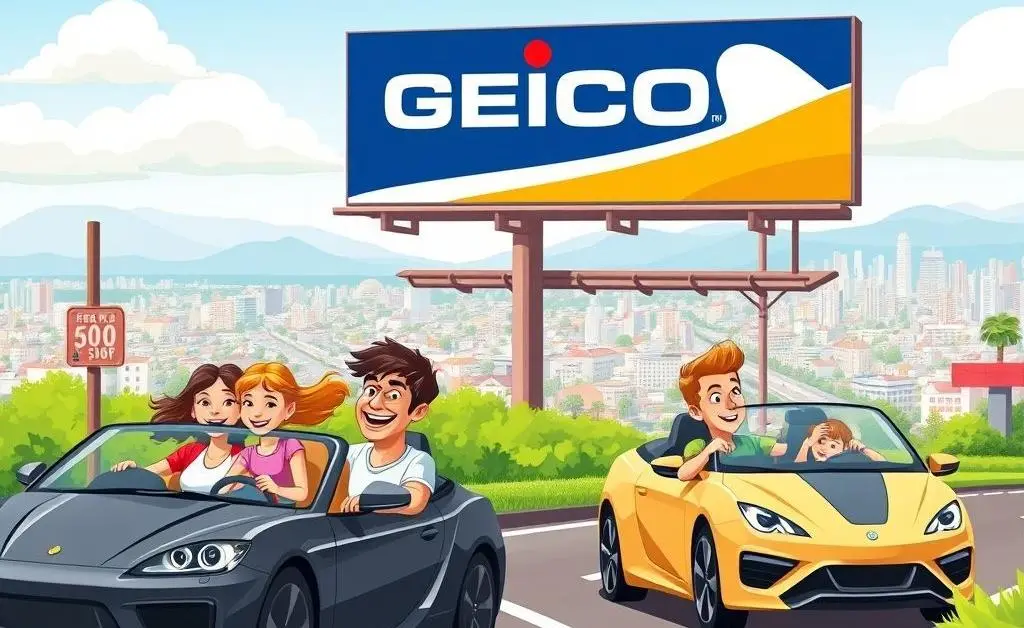 Illustration of happy customers with a Geico ad in view