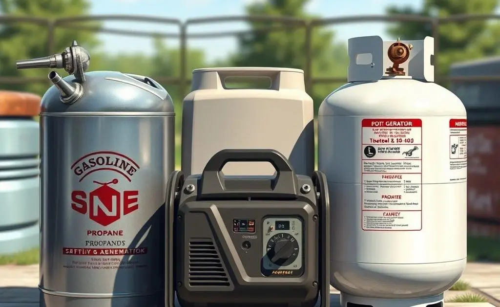 Illustration comparing a gasoline can and propane tank with a generator in the middle.