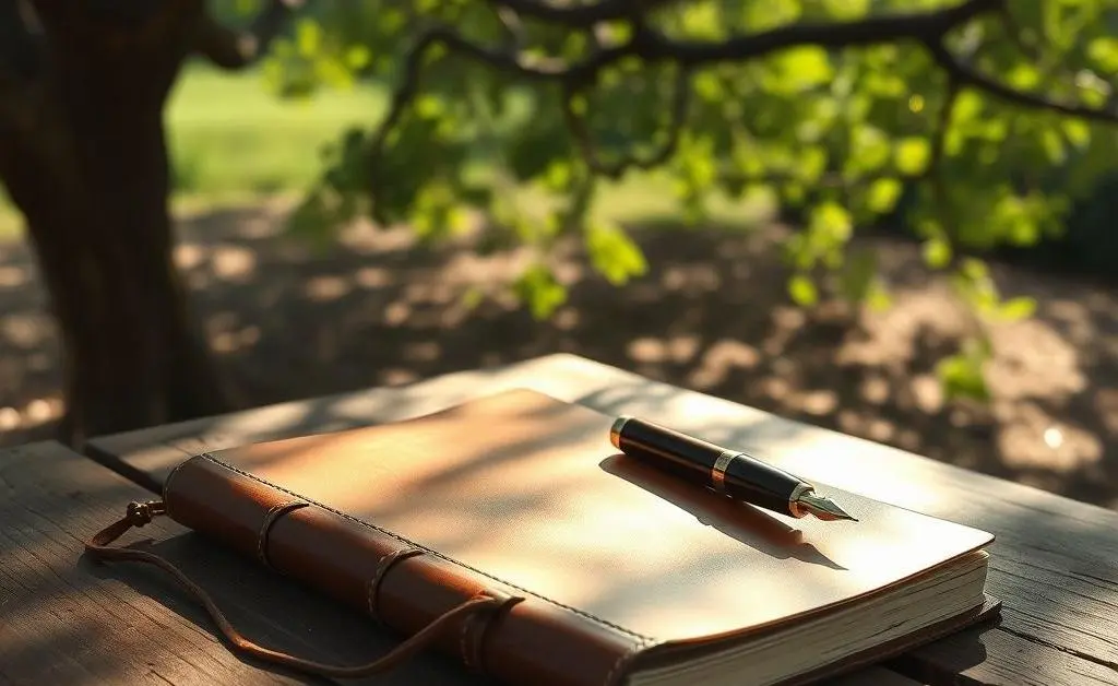 A notebook and pen placed on a wooden table under a swaying tree branch