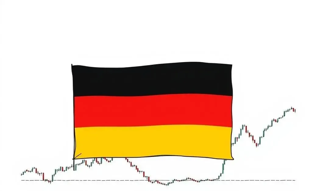 A simple drawing of the German flag overlaying a stock market chart