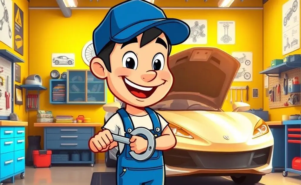 Cartoon mechanic in a repair shop working on a car.