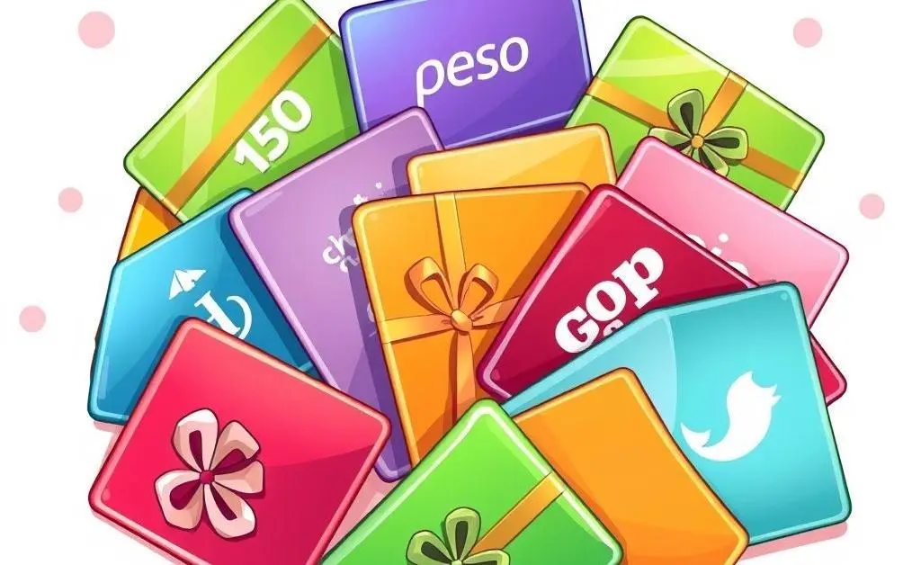 Cartoon-style image of various colorful gift cards laid out in a fan shape.