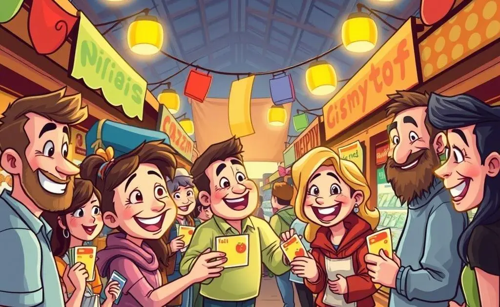 Cartoon-style marketplace with people exchanging gift cards happily