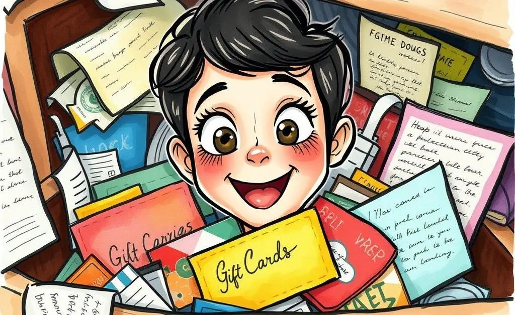 A hand drawn style image of a person excitedly finding old gift cards in a drawer