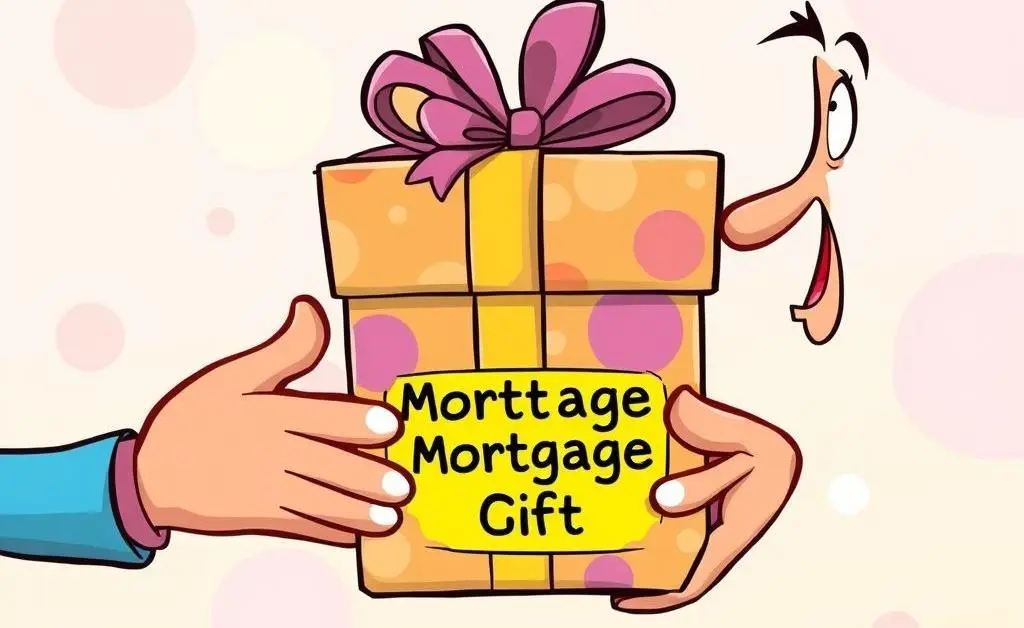Cartoon hands exchanging a gift-wrapped box labeled 'Mortgage Gift'.