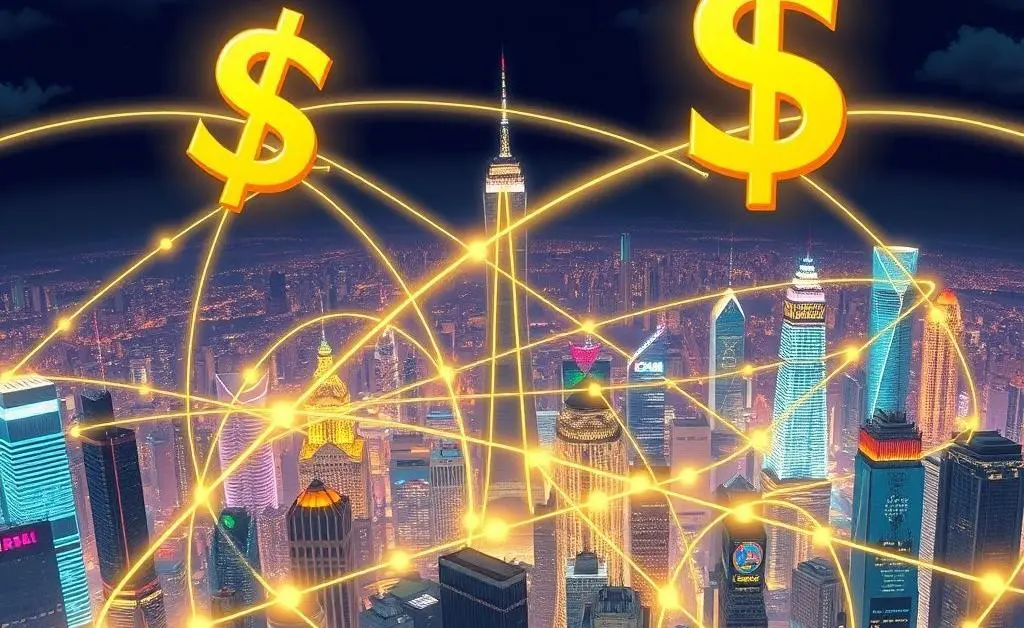 Illustration of interconnected global cities with US dollar symbols and trade pathways.