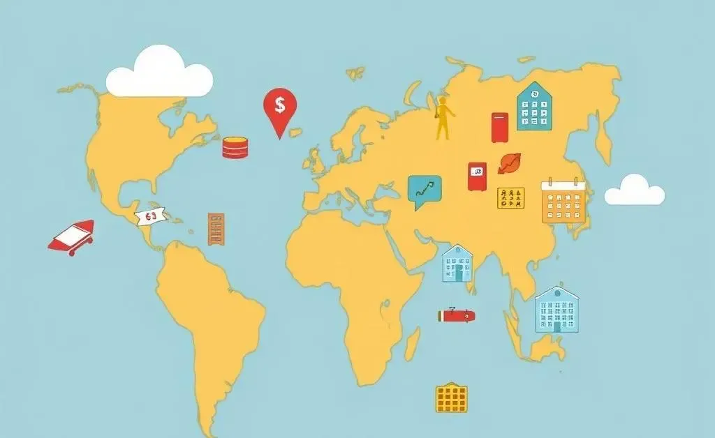 Cartoon illustration of the world map with icons representing economic activities affected by interest rates