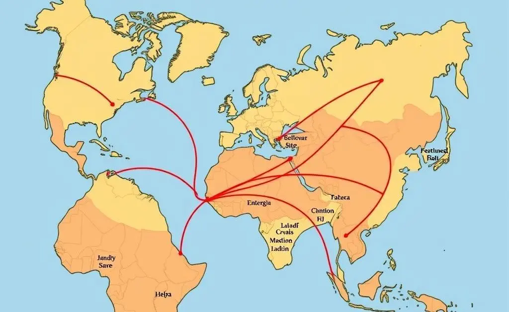 Cartoon-style world map showing trade routes disrupted by tariffs.