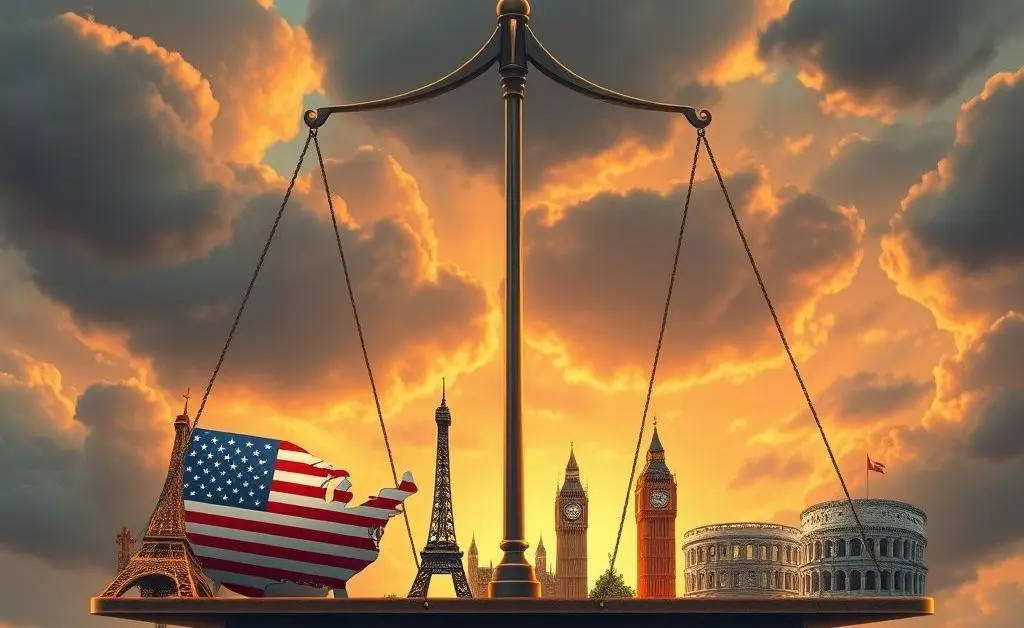 Illustration of a scale tipping towards the US with European landmarks in the background.