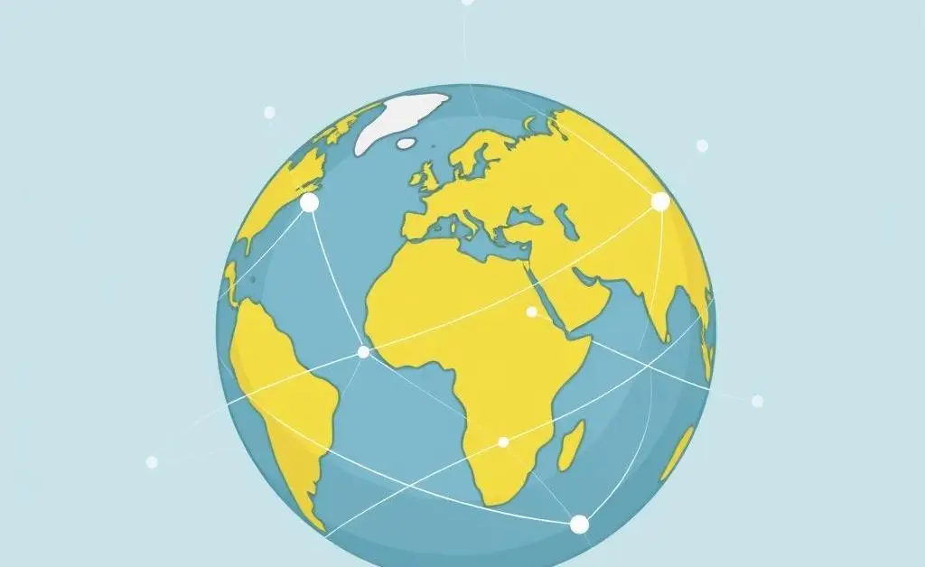 Minimalist cartoon of a globe with network lines representing a global insurance network.