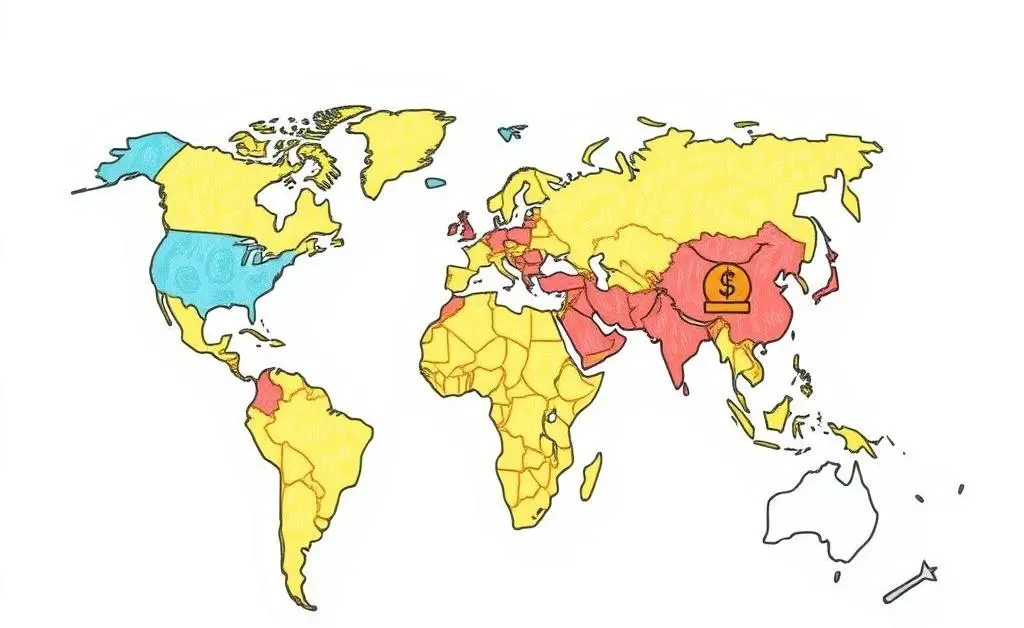 World map with financial icons symbolizing global diversification