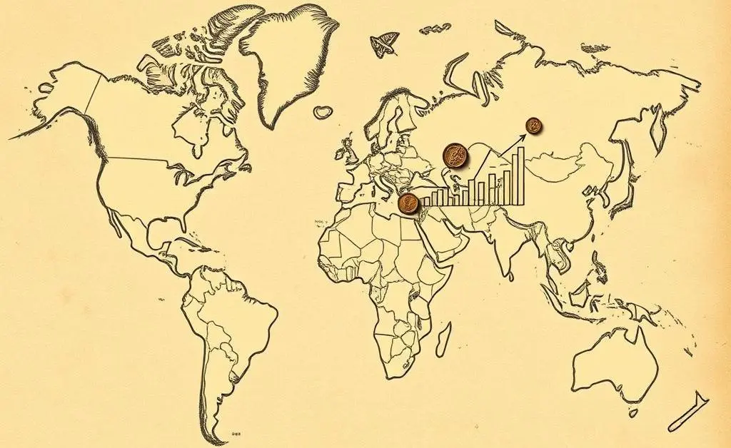Illustration of a world map with an overlay of investment symbols