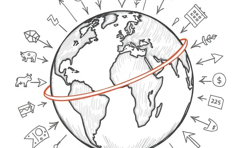 A globe with trade routes and stock symbols