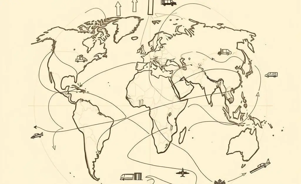 Globe with trade arrows and car icons