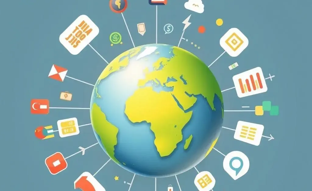 Illustration of a globe surrounded by trade negotiation symbols.