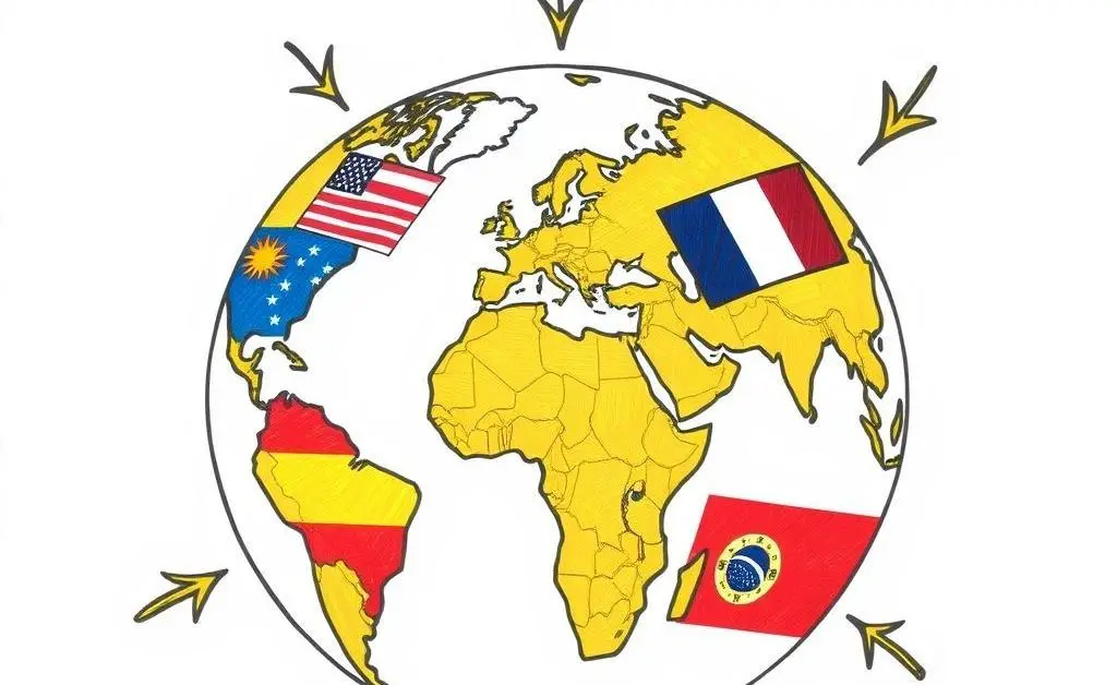 Illustration of global trade with country flags and arrows indicating trade.