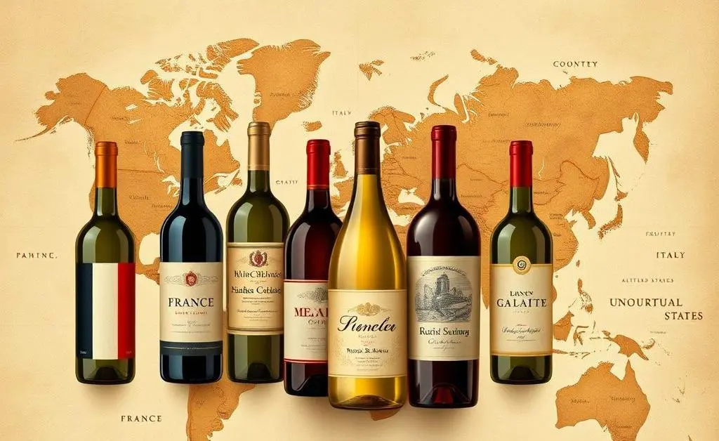 Illustration of a world map with wine bottles from different countries, including France, Italy, and the US.