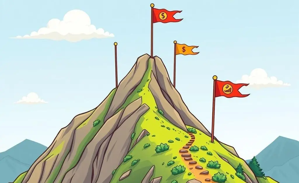 A cartoon showing a mountain with flags at different heights symbolizing financial milestones.