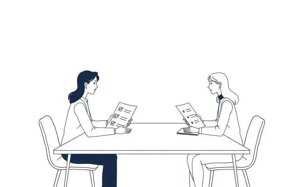A person and a realtor sitting at a table with checklists and alignment symbols