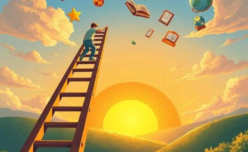 Illustration of a ladder leading to various goals, with someone climbing it