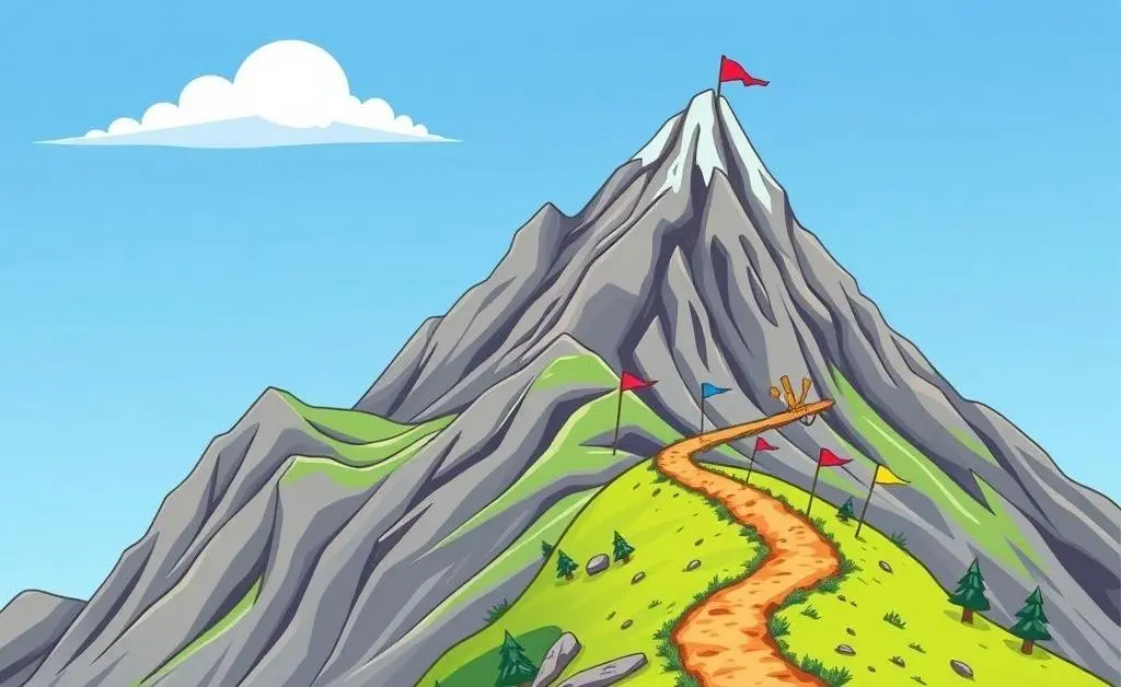 A cartoon-style image of a mountain path with flags marking goals.