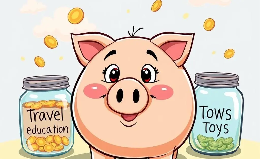 Piggy bank with jars labeled for savings goals