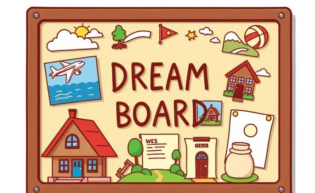 Dream board with travel, home, and savings images