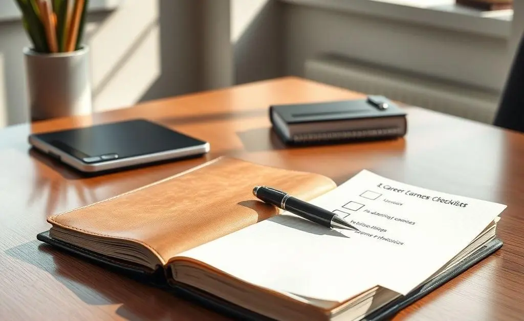 A desk with a journal, pen, and checklist for setting career goals