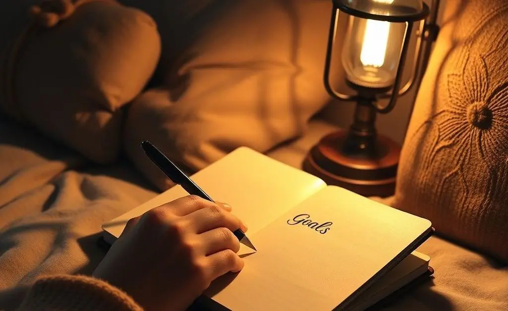 A hand writing in a journal titled 'Goals' under a cozy lamp light.