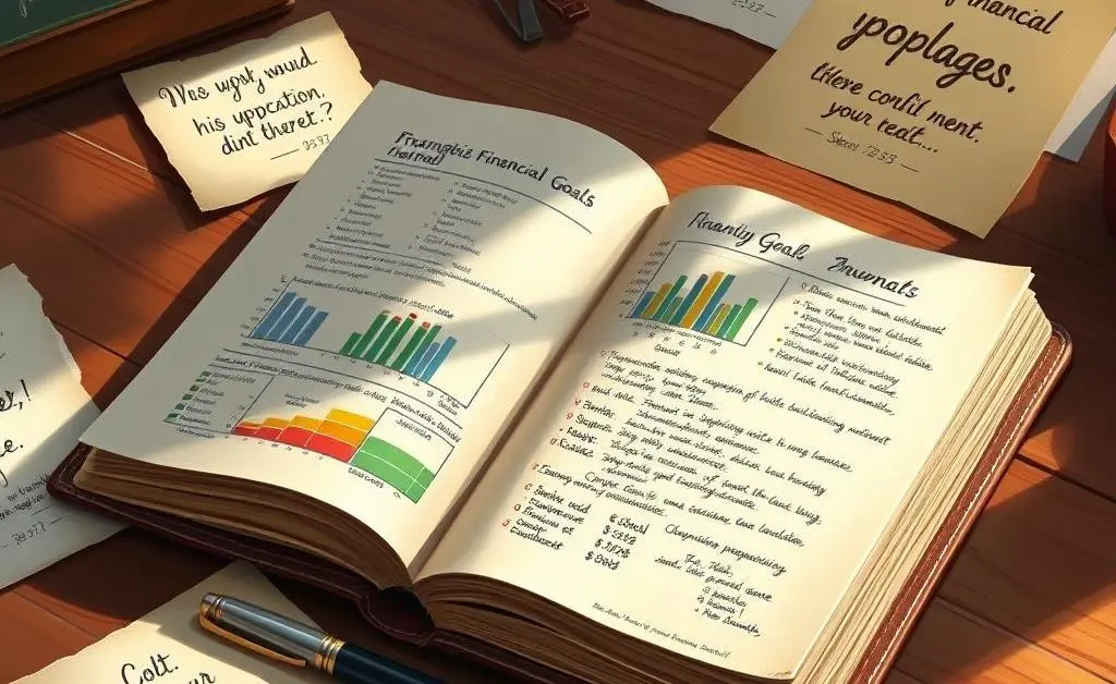 Journal open with financial goals and motivational quotes