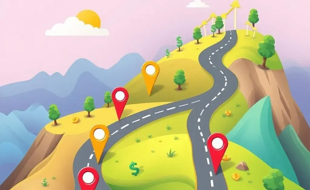 A road map with labeled financial goals like 'savings', 'investment', and 'retirement'