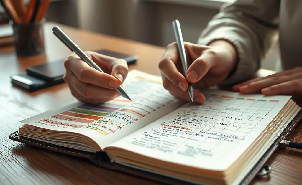 An open planner on a desk, filled with notes and goals, two hands writing with focus.