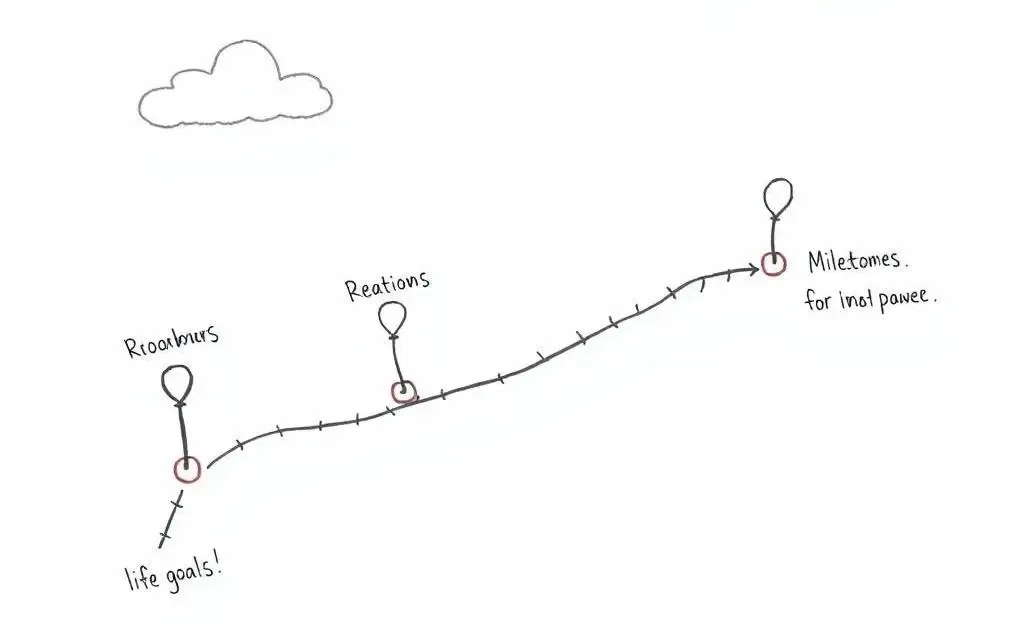A hand-drawn style roadmap with milestones marked as life goals.