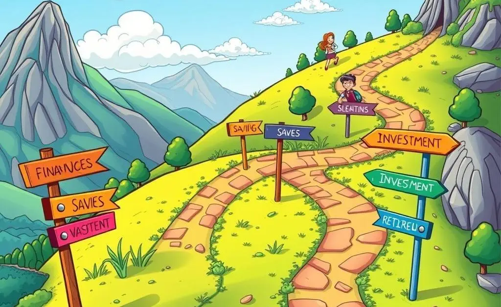 A cartoon-style roadmap with financial goal milestones marked along a scenic route.