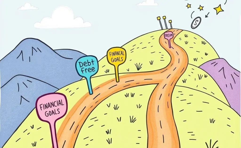 A whimsical, hand-drawn roadmap with milestones marked like 'Debt Free', 'Financial Goals', and 'Dream Purchases'