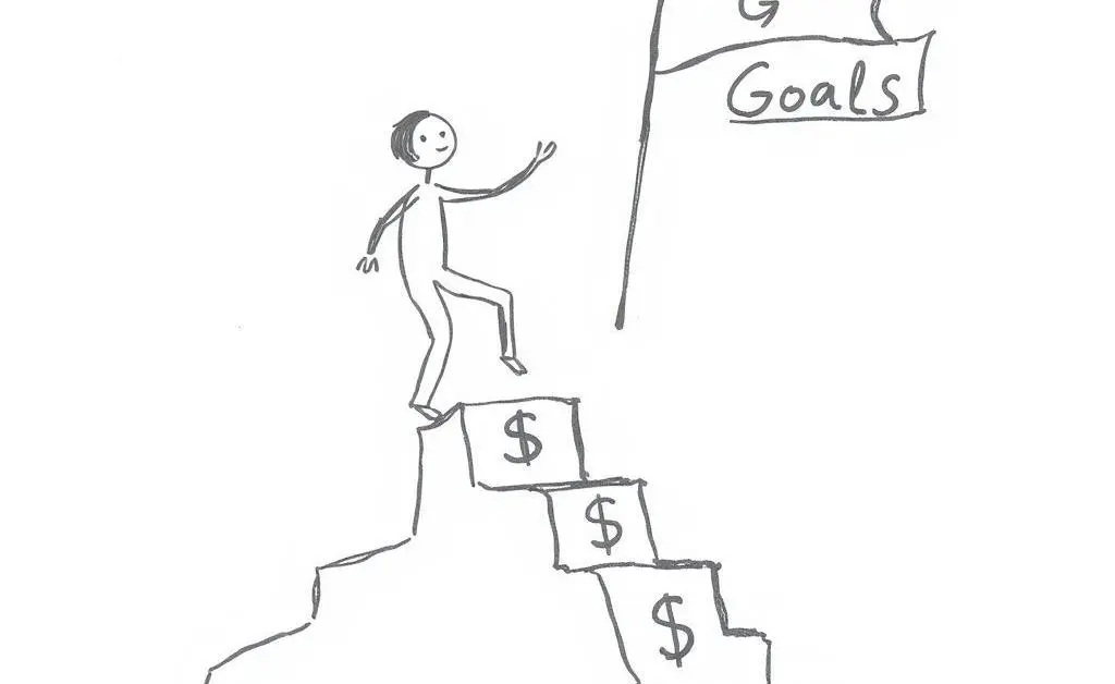 A person climbing steps with dollar signs reaching a goal flag