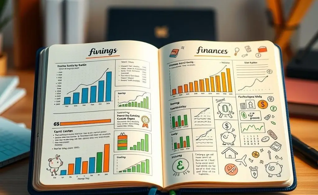 Open bullet journal with financial goals and progress.