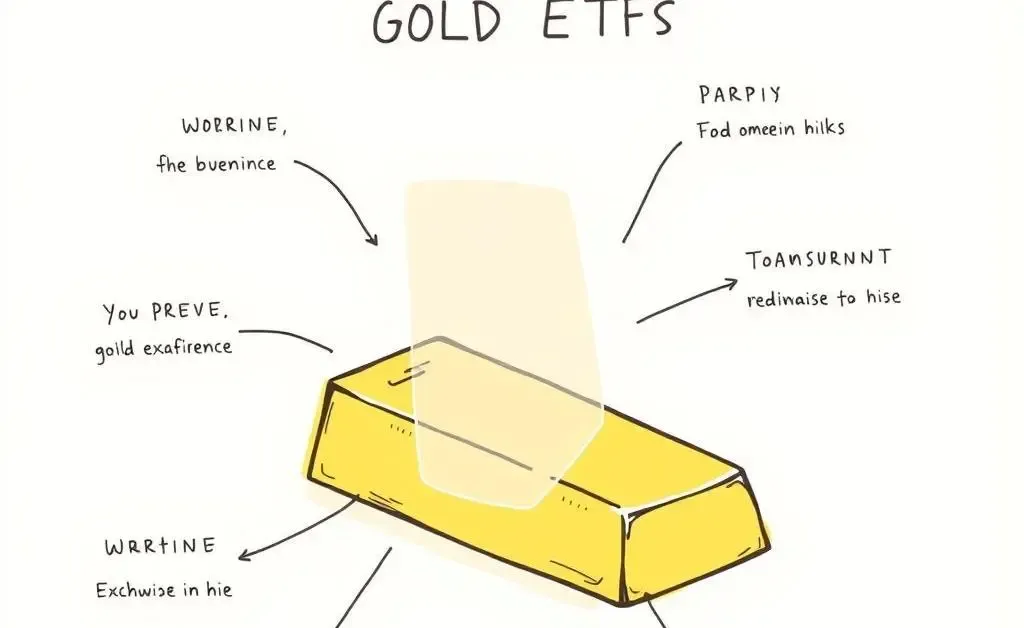 An infographic explaining gold ETFs with drawings of stock symbols and gold bars.