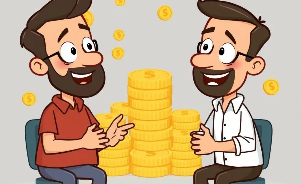 Cartoon-style image of two friends discussing investment choices with gold coins in the background.