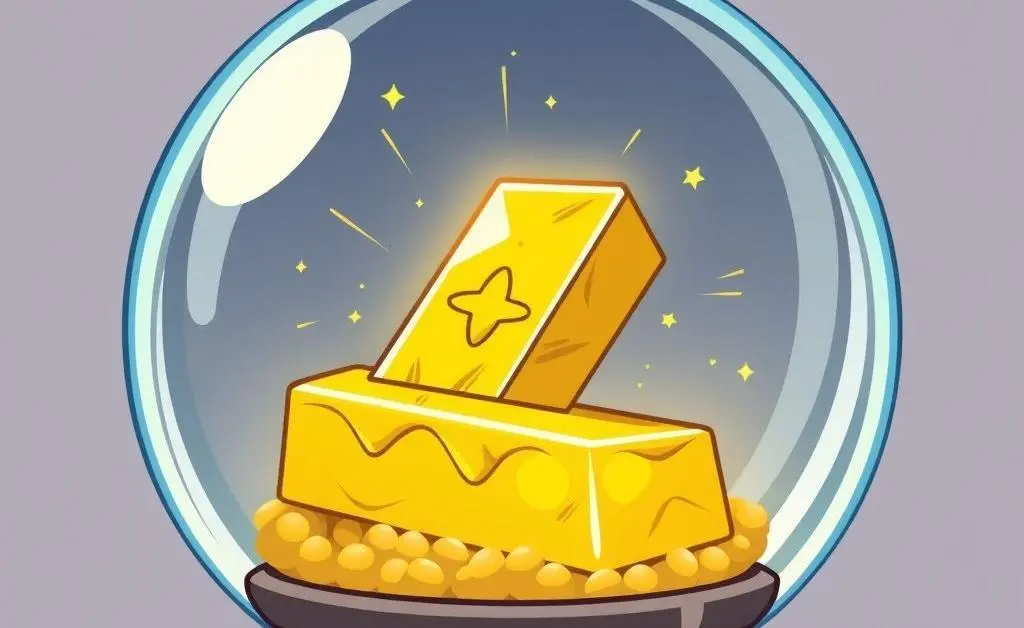 Cartoonish style illustration of a crystal ball with a glimmering gold bar inside.