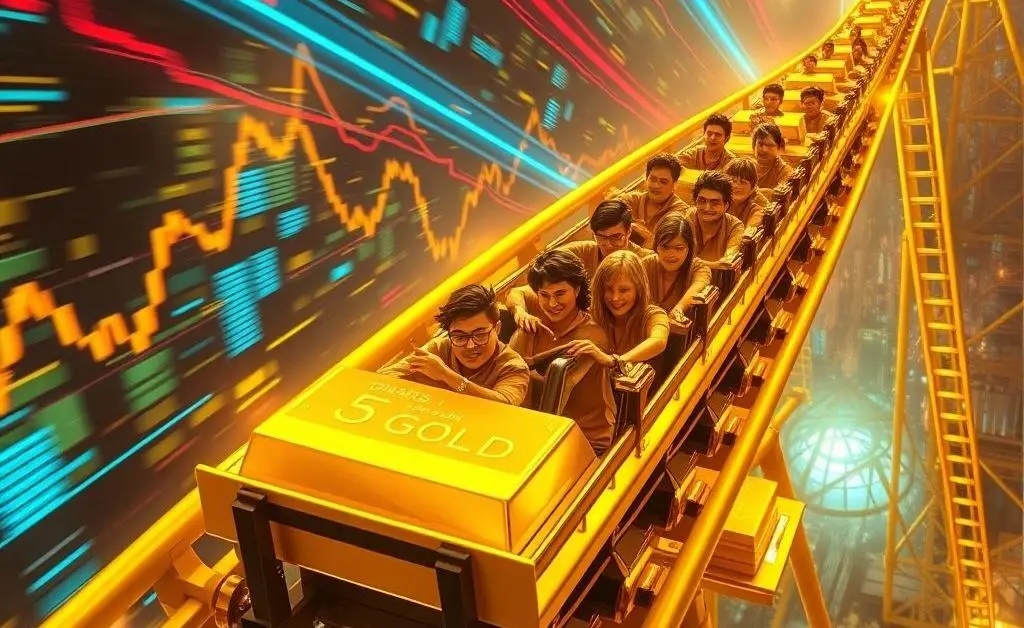 A rollercoaster ride with gold bars as passengers.