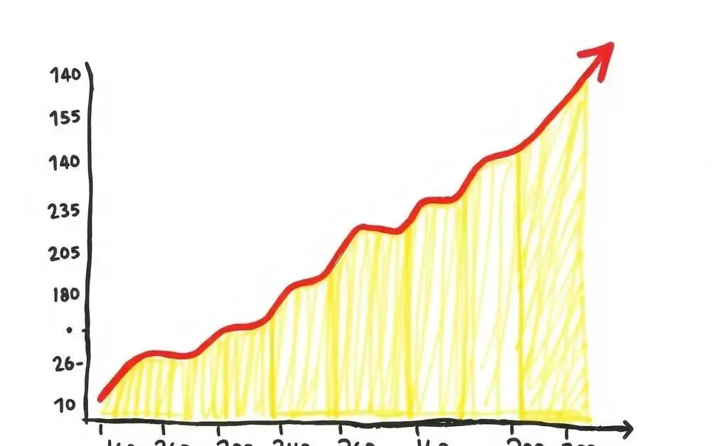 Hand-drawn chart showing the rise in gold prices over the years.