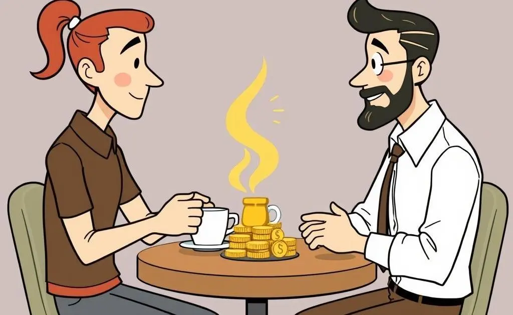 Two characters having a chat about gold investment returns over coffee.