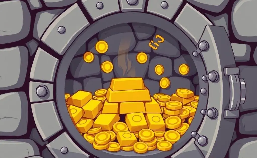 A vault filled with gold bars and coins