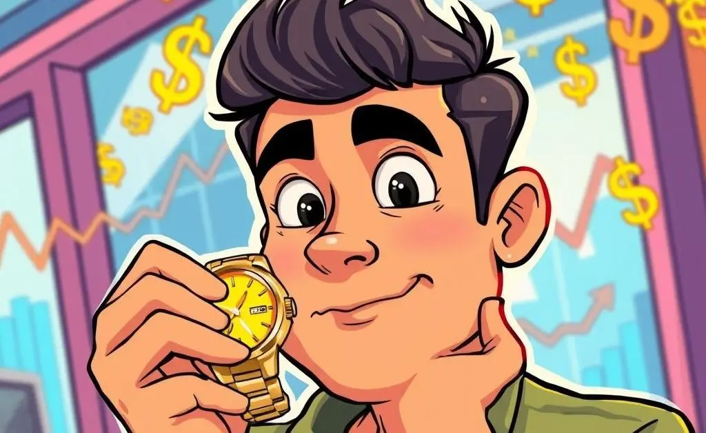 Cartoon-style image of a person holding a gold watch while pondering about investments