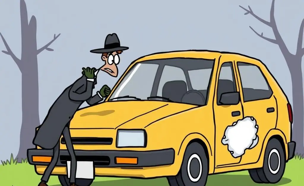 Cartoon of a detective investigating car damage