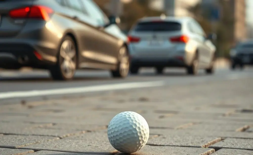 A golf ball gently rolling across a road as cars pass by.